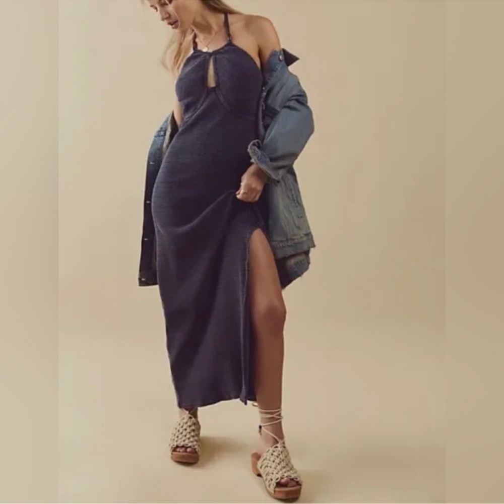 Free People Indigo Terra Ribbed Haltered Side Slit Maxi Dress size Large